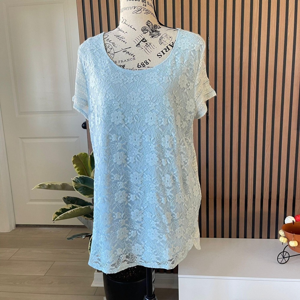 Bandalino Womens Medium Blue Lace Knit Top Short Sleeve Casual Blouse